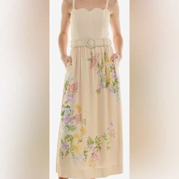 Taylor Dresses & Skirts - Taylor Cream Floral-Print Belted Fit & Flare Maxi
Dress: Size 8